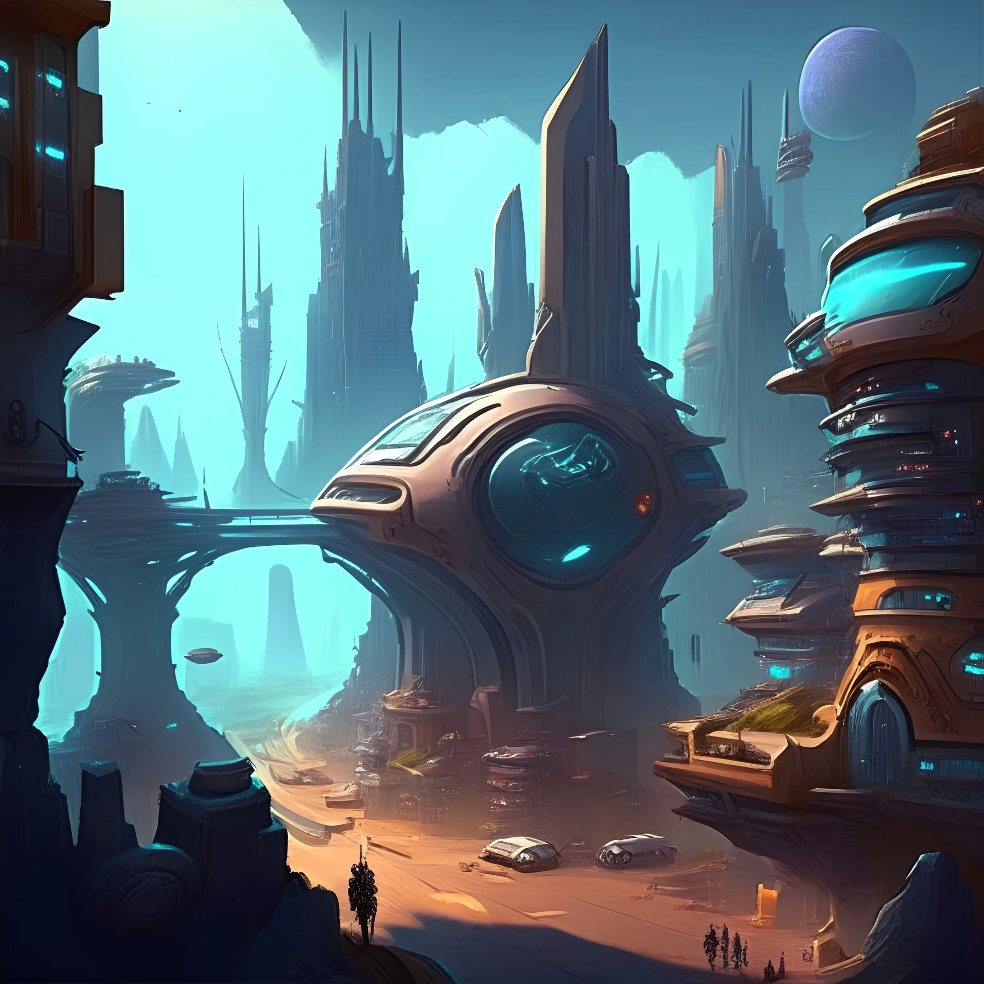 epic sprawling sci-fi city, RPG style, cartoony, DnD, fantasy, mobile game