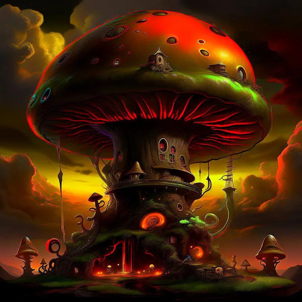 A fantabulous black, orange, and green (((mushroom tower house))) erected atop a (geologic pillar), surrounded by the uncanny imaginative ((( swirling skies))), offset by the stark hues of a (neon-tinged nebulous space scape), within. captured by the hand a skilled master painter with a focus on (softly blurred compositions and voluminous lighting).