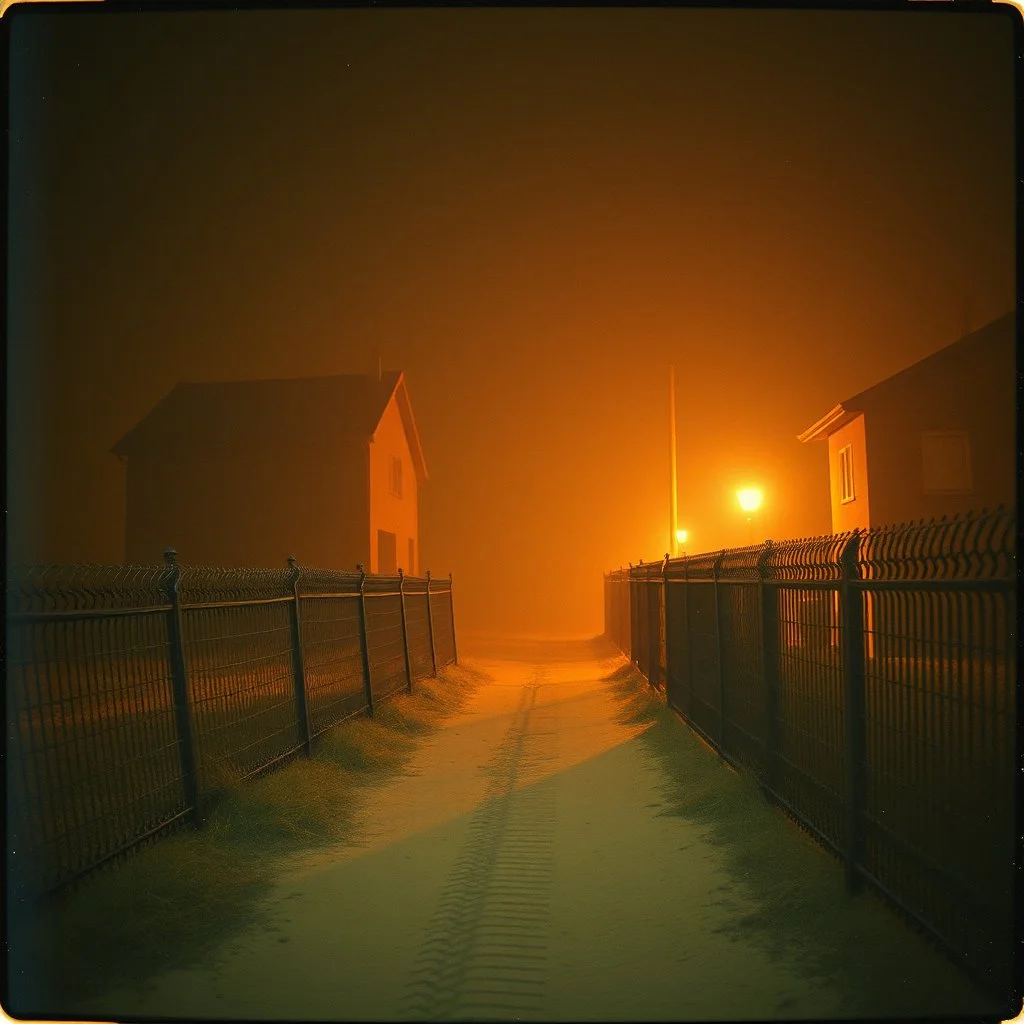 Photorealistic polaroid style nothingness and distress, wasteland night Max Ernst Hieronymus Bosch, creepy, volumetric light, movie shot, details, high contrasts, fence, nightmare, hypermaximalist