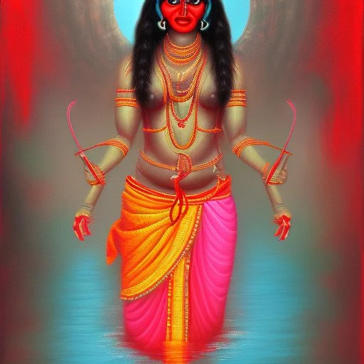 An oil painting of goddess Kali crossing a lake, neon red colors