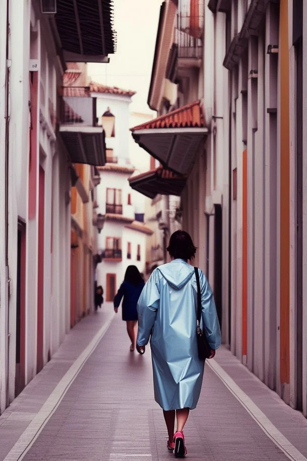 mujeres de 35 años caminando por una céntrica calle de una ciudad española, visten ropa de segunda mano, chubasquero, es la moda y es tendencia, fotografía real, de cara a la cámara