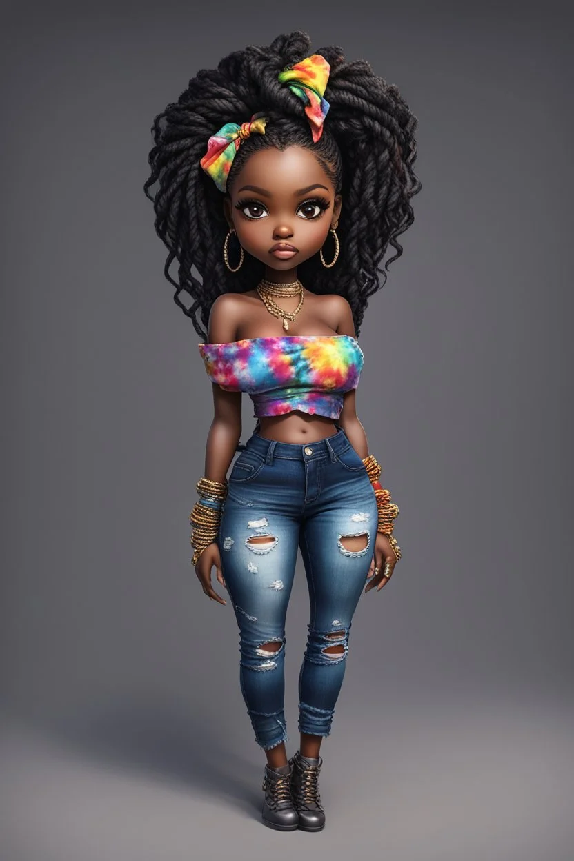 create a colorful abstract digital art image 8k of a chibi curvy black female wearing torn jeans pants and a black-tie dye off the shoulder blouse. Prominent make up with hazel eyes. Highly detailed long Senegalese twist in a hair wrap