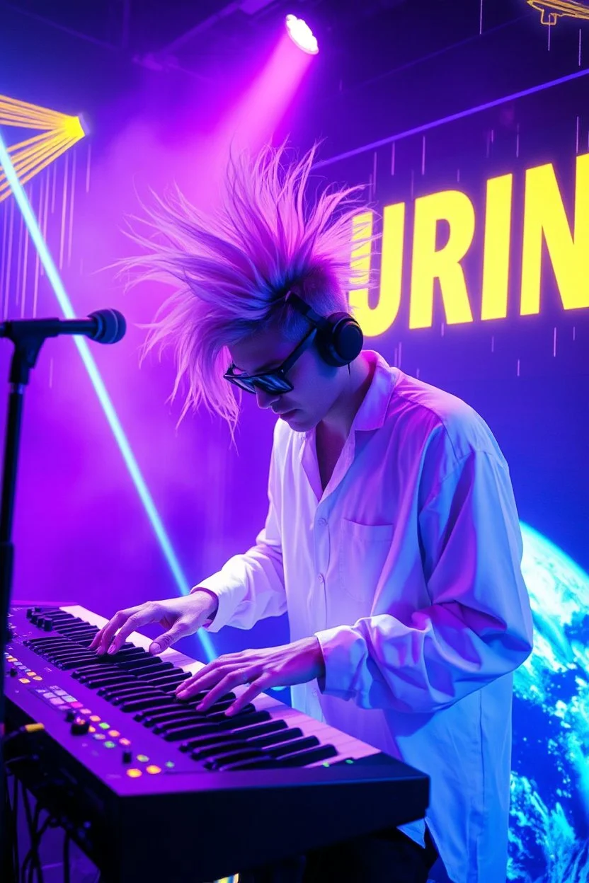 French cool synth player with crazy techno acid hair, he is called "Jean-Maurice Brûlée" performing at dance club, his name is "Jean-Maurice Brûlée" , white and purple Neon lights and purple smog, yellow shower rain, and "URINIUM" big sign on the wall, he is playing on synthesizers on stage with lot of laser beams and wearing black sunglasses, an earth is projected in background