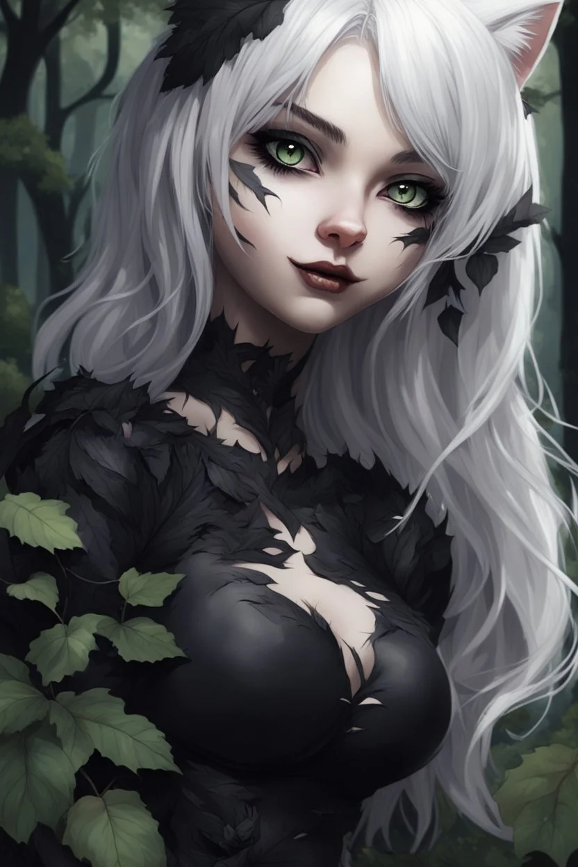 CAT GIRL, goth, forest, nature, cartoon, leaves, boobs, portrait, colour image, white hair