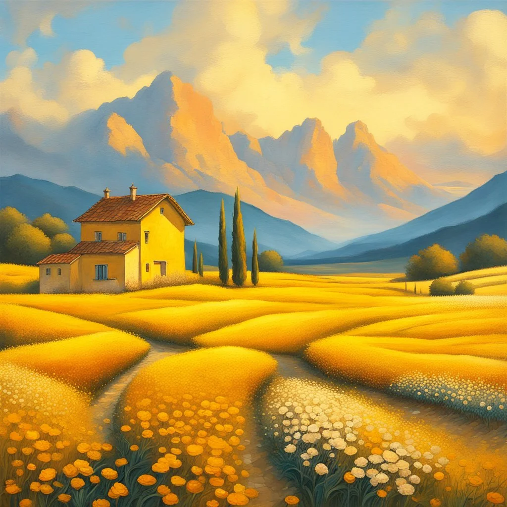 painting of a house in a field of flowers, inspired by Guido Borelli da Caluso, yellow hue, dotart, dragan bibin, fantasy italy, golden colour, jingna zhang, golden hour, perfect Wide long shot visual by @challenge2pt masterpiece.