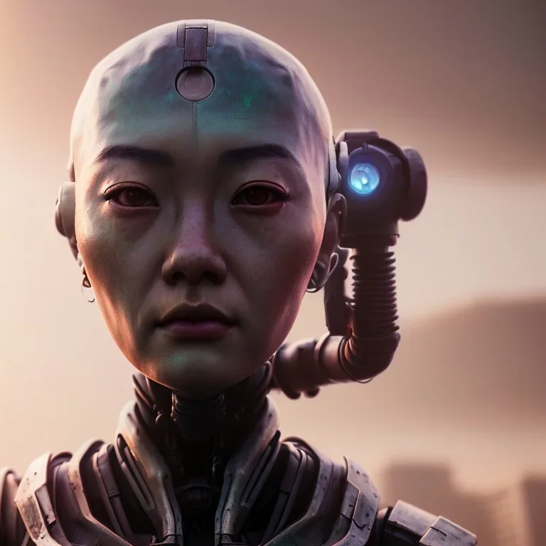 portrait,beautiful asian robot, post-apocalyptic in a cyberpunk city, realistic, intriacte detail, sci-fi fantasy style, volumetric lighting, particales,highly detailed,cinamatic, deep