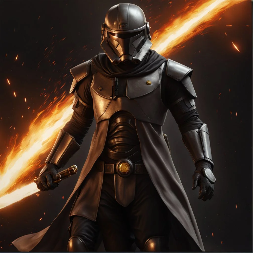 star wars bald male corellian pilot wearing pearlescent black and gunmetal grey First Order special forces heavy assault stealth commando armor and helmet with gold trim inside the jedi temple, hyperdetailed, dynamic lighting, hyperdetailed background, 8k resolution, volumetric lighting, light skin, fully symmetric details