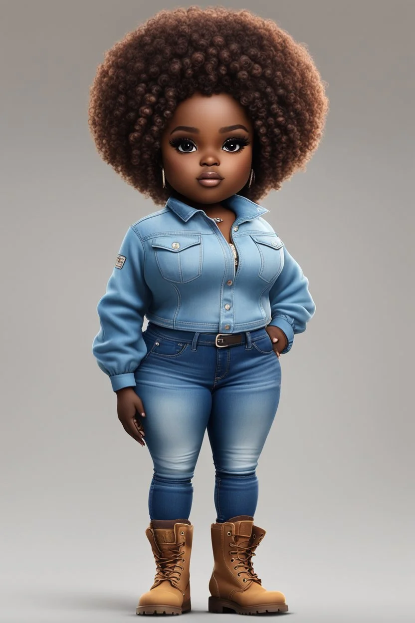 create a digital image of a plus size chibi dark skinned Black female wearing a light blue jean outfit with timberland boots. Prominent make up with brown eyes. Highly detailed tight ombre curly afro 2k