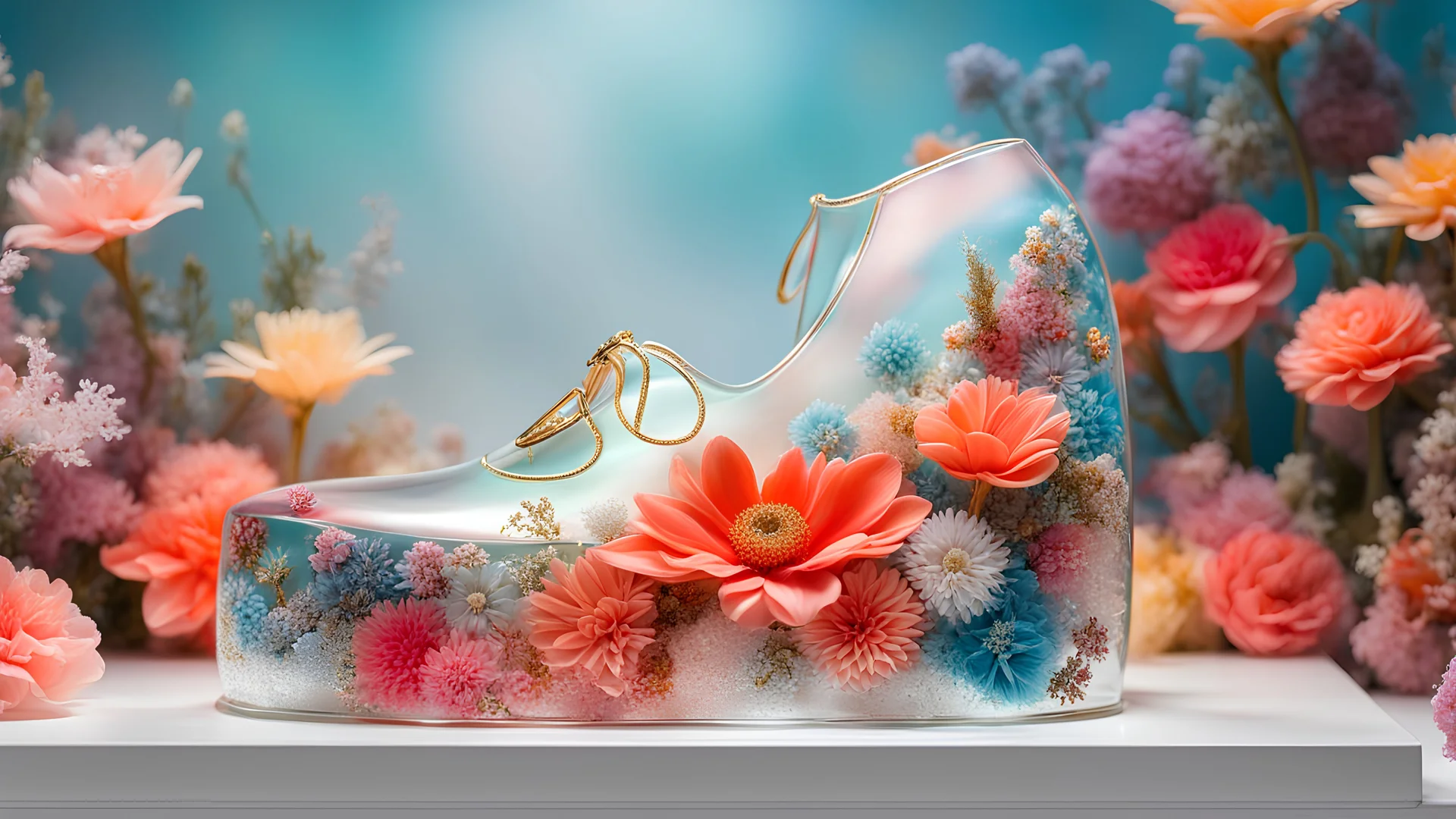 close-up of a beautiful glass shoe on a display stand, inspired by David LaChapelle, glass flowers, high quality product image, coral reef, flora and fauna, cosmic nebula, Christian Dior style light background, with frozen flowers around of her, stunning design, beautiful, side profile illustration, glass painting, multicolor, displayed, backlight