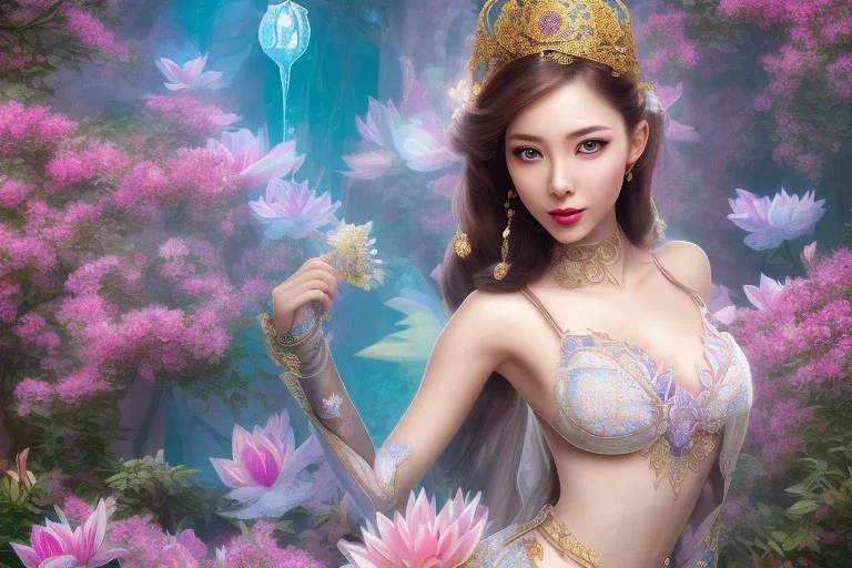 only one pretty asiatique girl dénudée just before a magical crystal flower lotus magnolia lys bougainvillier, blue gold house indian palace castle in the woods, magnolias pink,blue lake,sun,white swanns,pink vertical, blue lake,sharp, vines, candlelit, endor, ornate, elegant, highly detailed, artstation, concept art, smooth, sharp focus, illustration, 8k, splash art, wallpaper, key visual