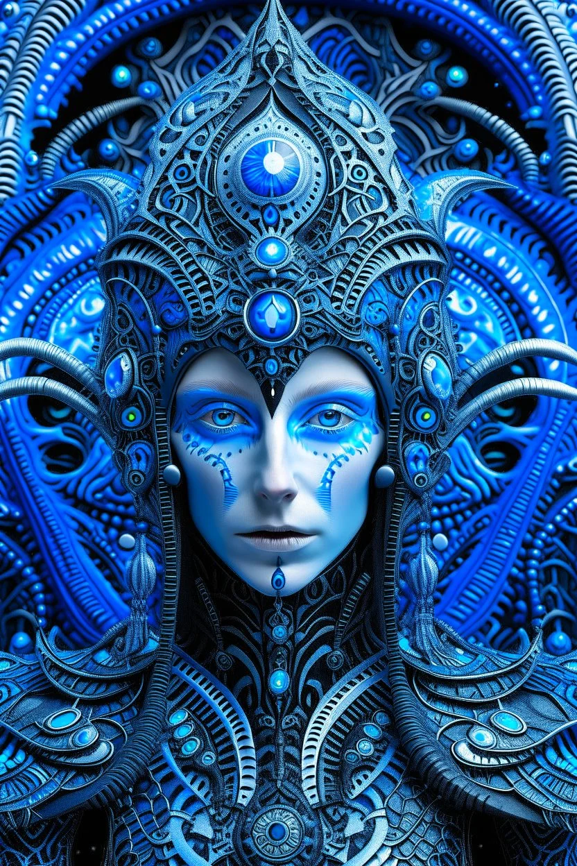 A beautiful alien with big eyes and small nose and mouth wearing a bioluminescense blue zafír biomechanical silver metallic diadem headress, wearing biomechanical amalgamation style leather jacket dress ribbed with silver floral metallic filigree biomechanical vantablack pattern, organic bio spinal ribbed detail of gothic winter backround extremely detailed maximalist hyperrealistic portrait art