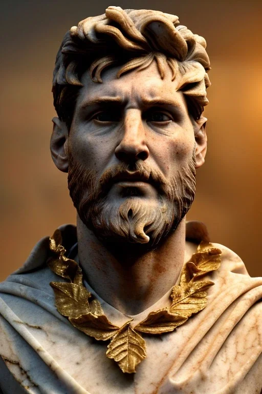 Realistic image, Roman sculpture made in marble with gold veins, Lionel messi, gold laurel leaves crown, waist up portrait,marble material, gold ornaments, Renaissance style, sun rays background, epic, celestial, cinematic lighting, God lights, 4k resolution, smooth details, soft lighting, unreal engine 5, art station, substance 3d.