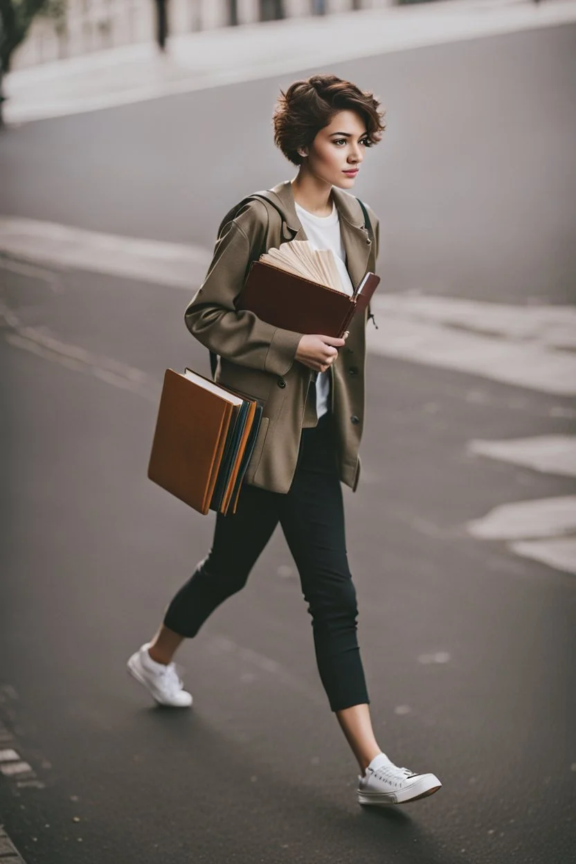 portrait pint of color photo of a student girl 22 years old ,short hair with her books in her hand walking in street,next to trees.close up