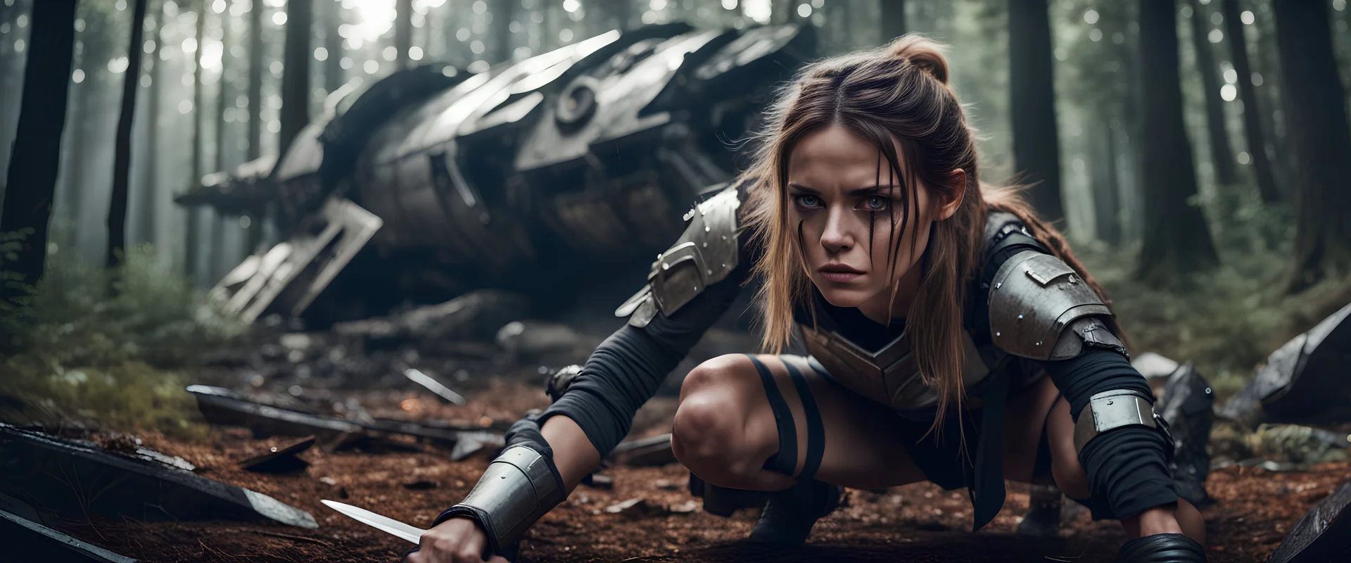 Beautiful warrior girl with black tears streaks under her eyes, crouching defensively in forest in front of crashed spaceship, holding sword in front of her, , gritty, photo realistic, 8K, cinematic lighting,