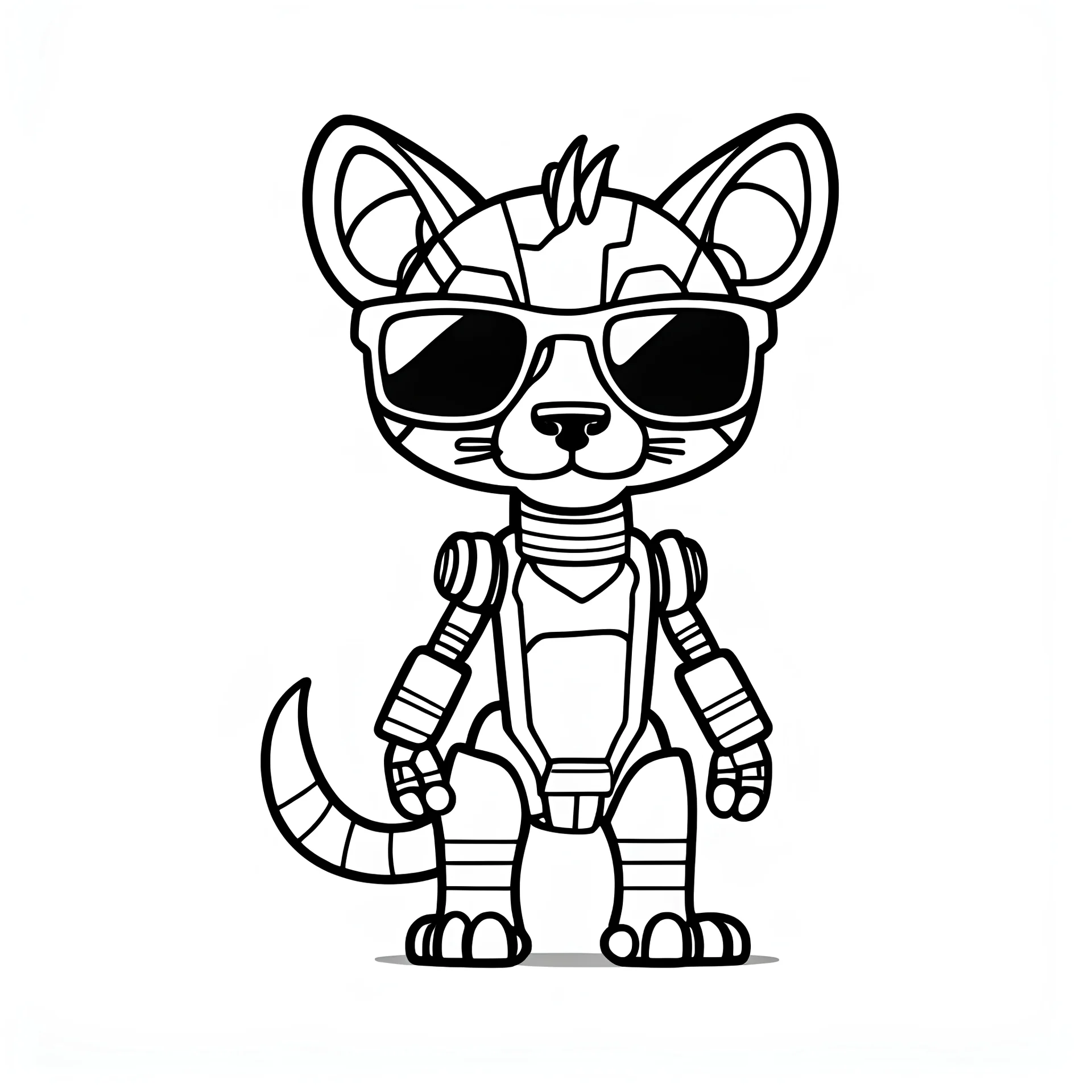 coloring page, no shadow, no shading , minimalistic art , High Quality Pixels a Cute and Playful kawaii Tasmanian Tiger robot, add sunglass , thick line , blod line, very low details, with white background, simple coloring page