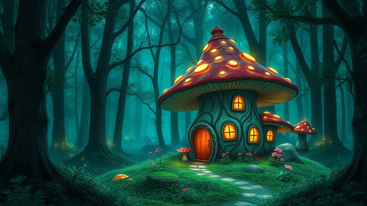 A fairy mushroom house in an enchanted bioluminescent forest.