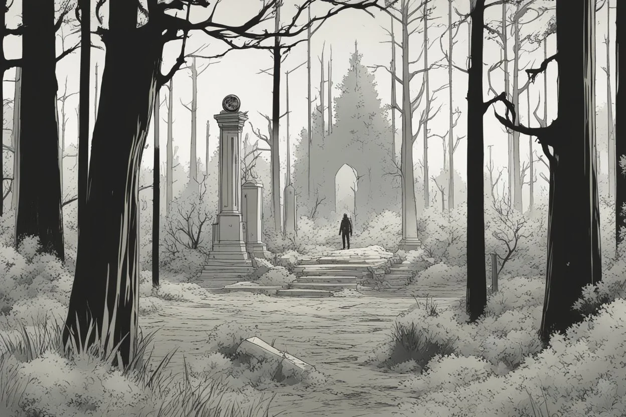 clearing, grave yard, forest,overgrown, post-apocalyptic, comic book,