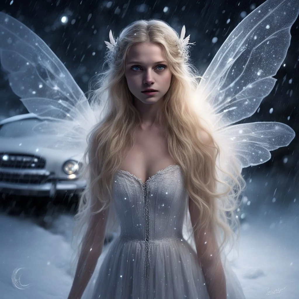 A frightened fairy in front of my car at night, it's dark and the snow is falling, she is dazzled by the headlights of my car and doesn't dare to move, she is scared, long blond hair, beautiful eyes, very light dress, translucent wings, she trembles with cold and fear,