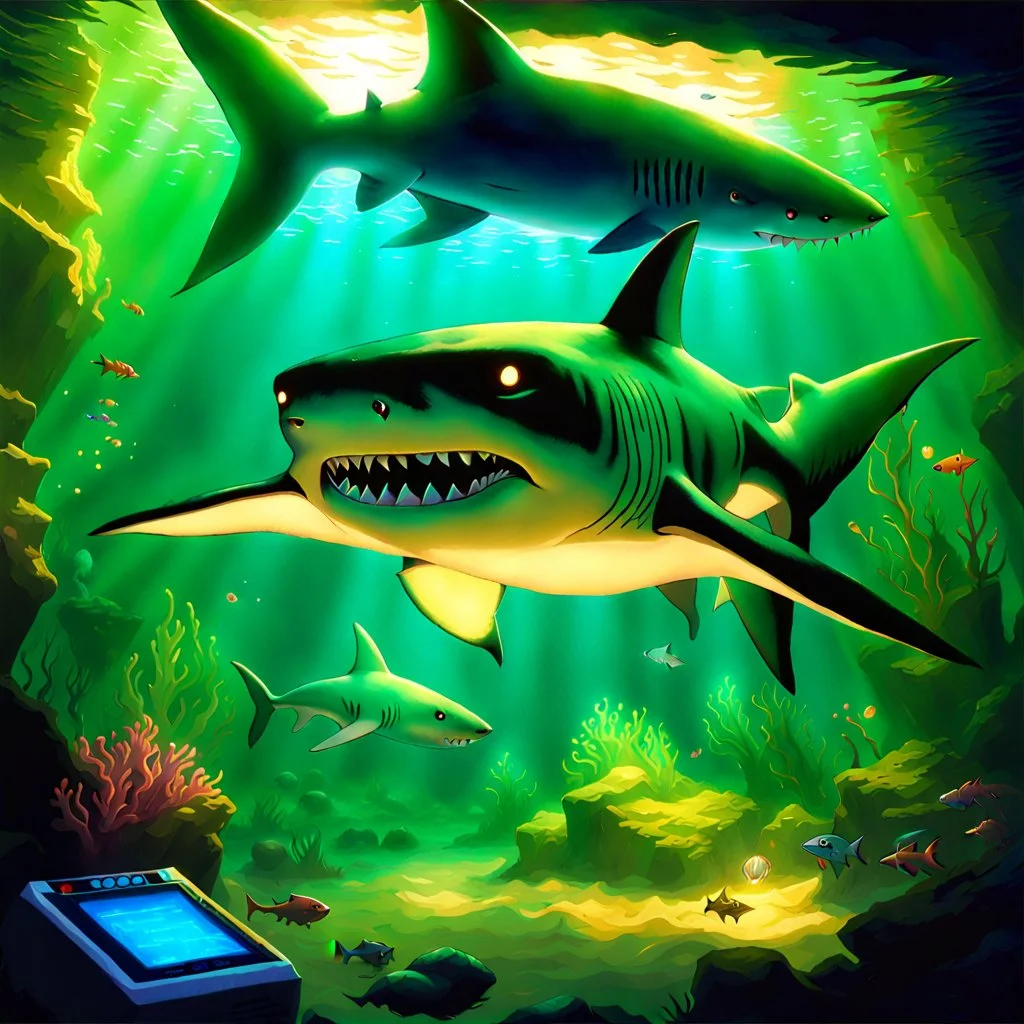 fantasy 90's tcg ELECTRIC CGLOWING UNDERWATER SHARK art