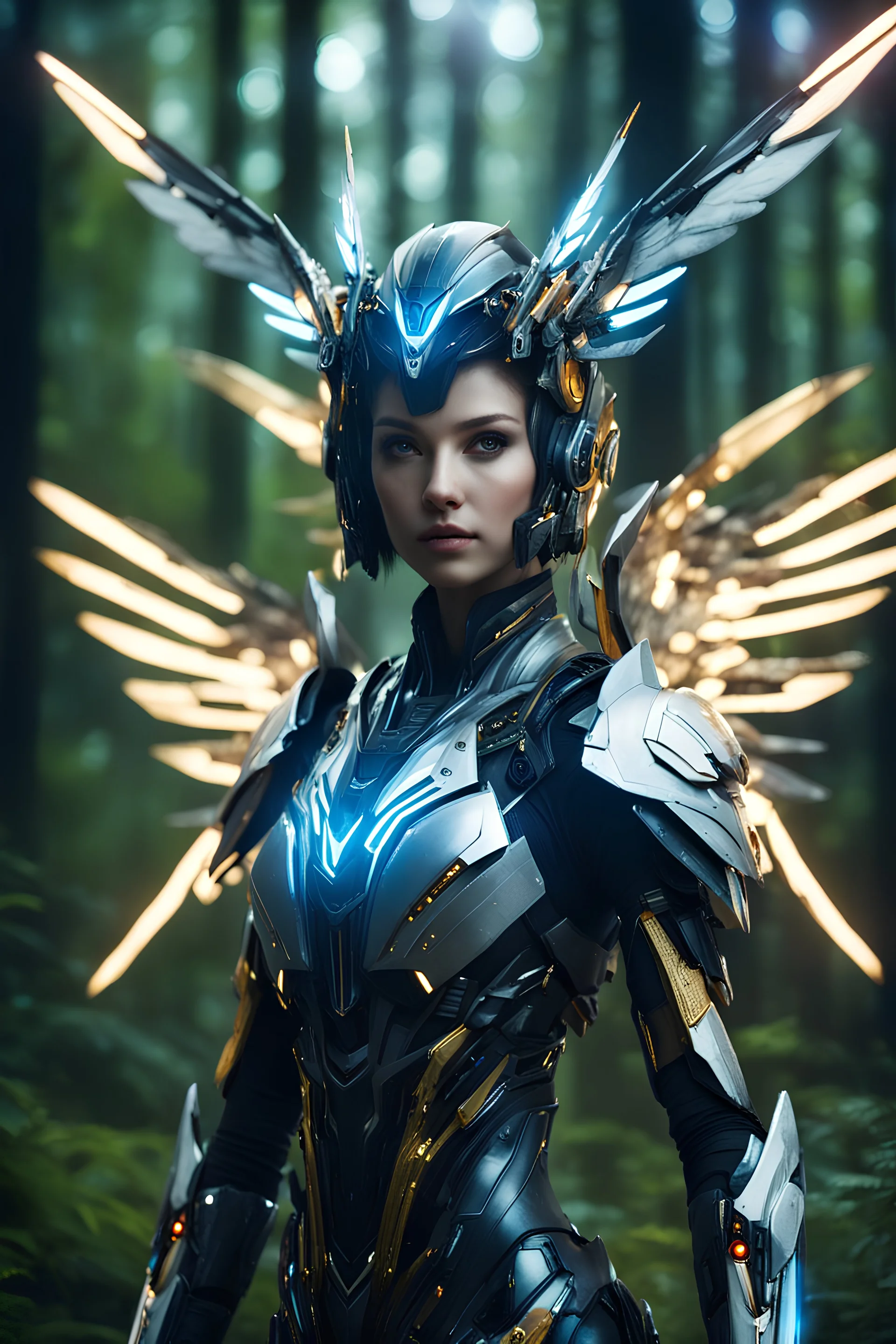 Facing Front view night Photography Realistic High Details,Natural Beauty,Beautiful Angel Pretty woman cyborg mecha cybernetic futuristic warframe armor,helmet,wings ,in Magical Forest,full of lights colors,glowing in the dark, Photography Art Photoshoot Art Cinematic,Soft Blur Colors, sci-fi concept art