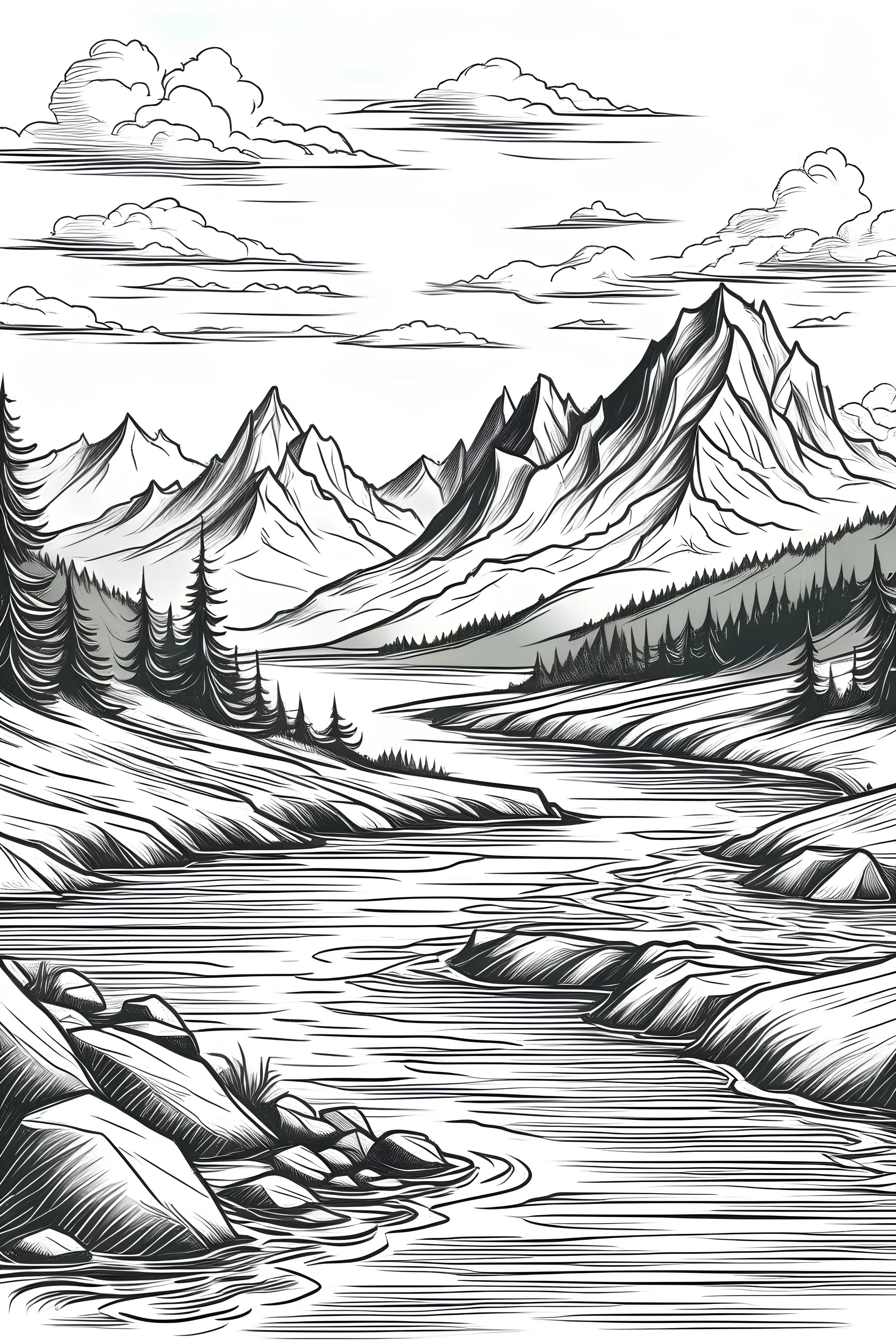 Mountain Landscape With River At Night. Black And White Ink Drawing,  Stylized Hand Drawn Sketch. Vector Illustration. Royalty Free SVG,  Cliparts, Vectors, and Stock Illustration. Image 118460259.