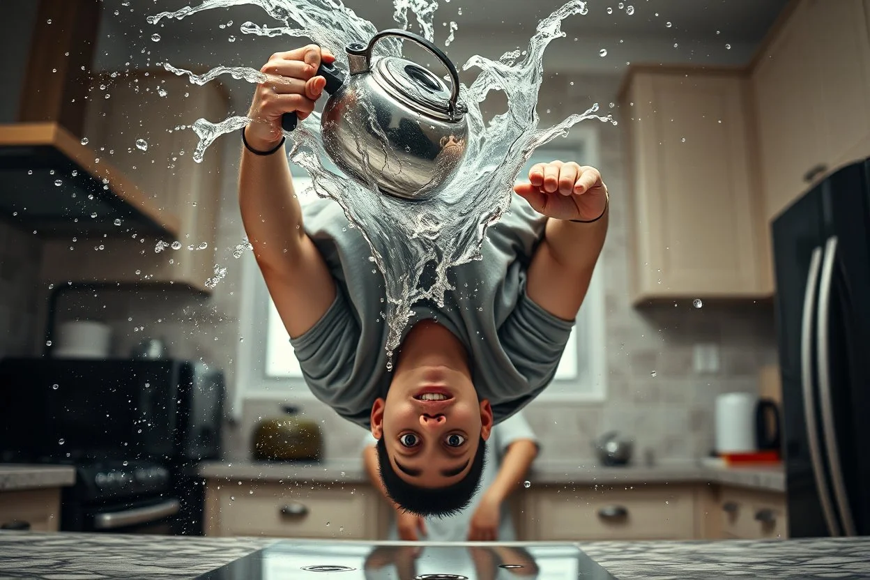 A surreal, action-packed kitchen scene frozen in time. A young man bends completely backward in an impossible pose, his face upside-down and wide-eyed in shock as a metal kettle full of water explodes mid-air above him, splashing in dynamic arcs of water droplets. The scene is captured in extreme slow motion with hyper-realistic liquid physics. Behind him, a woman in the kitchen appears to have thrown or accidentally launched the kettle, her hand still extended forward as if using telekinetic po