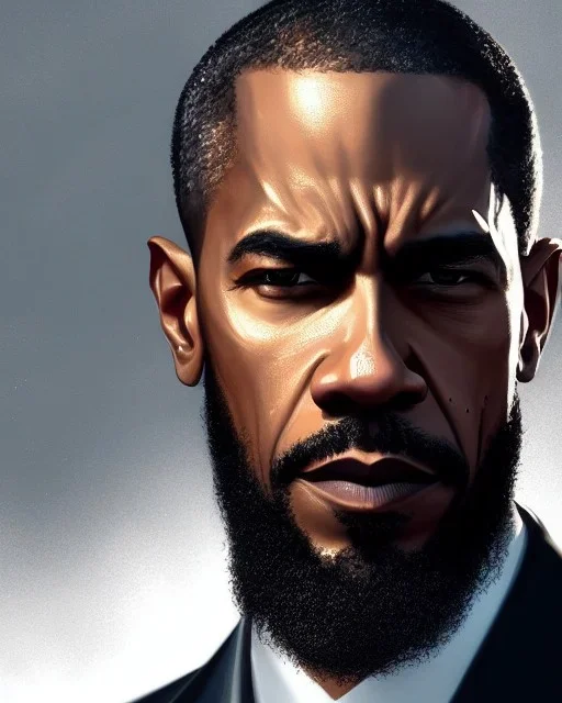 "MIddle aged African American human male, with a trimmed but uneven beard, piercing eyes with slick back hair, full-scale head and shoulders portrait, 8k resolution concept art portrait by Greg Rutkowski, Artgerm, WLOP, Barak Obama dynamic lighting hyperdetailed intricately detailed Splash art trending on Artstation triadic colors Unreal Engine 5 volumetric lighting Splash art fantasy, graying hair