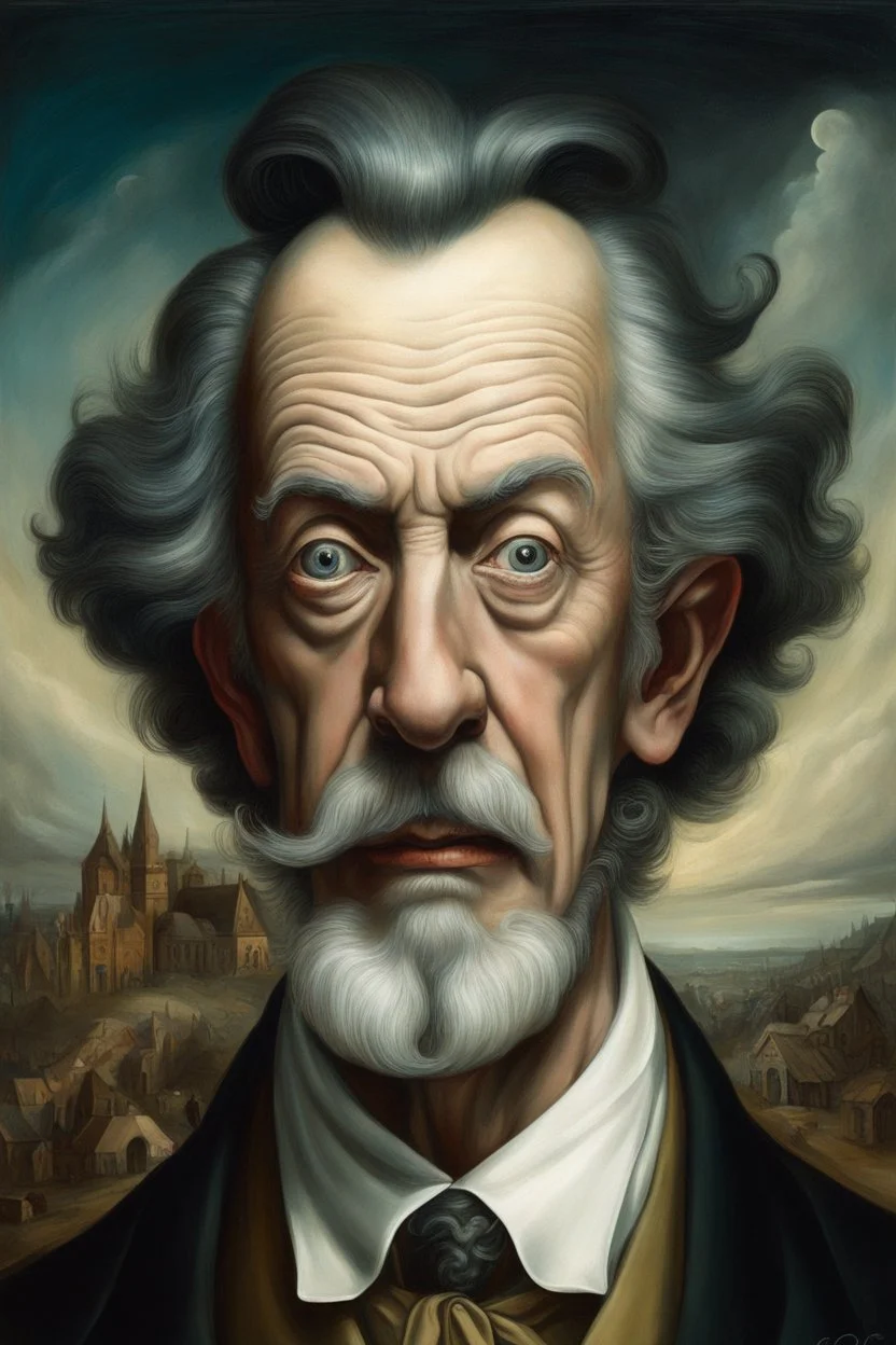 A hauntingly bizarre caricature portrait of a man, in the style of a surreal painting by Bosch Beethoven