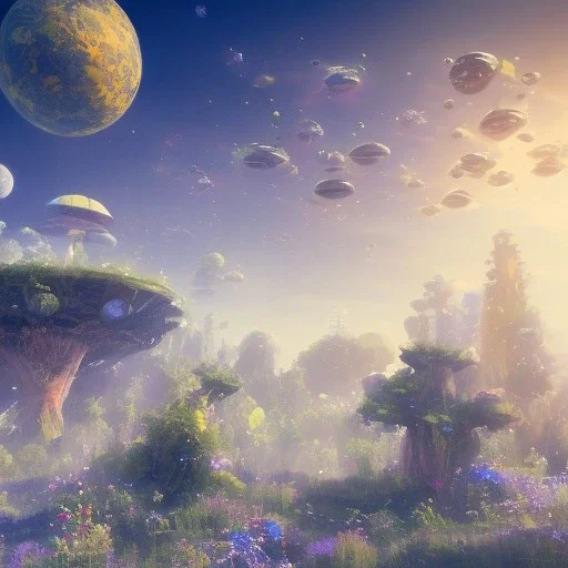 Spaceship landed on futuristic planet, sunny day. clear blue sky, cascade, flowers. Elegant. Extremely detailed. Award winning photography. Fantasy. 8k. Cinematic lighting. Photorealistic. Dynamic lighting. Imperial colors. Crisp quality. Unreal Engine. Colourful cinematic postprocessing. Pixar. VRay.