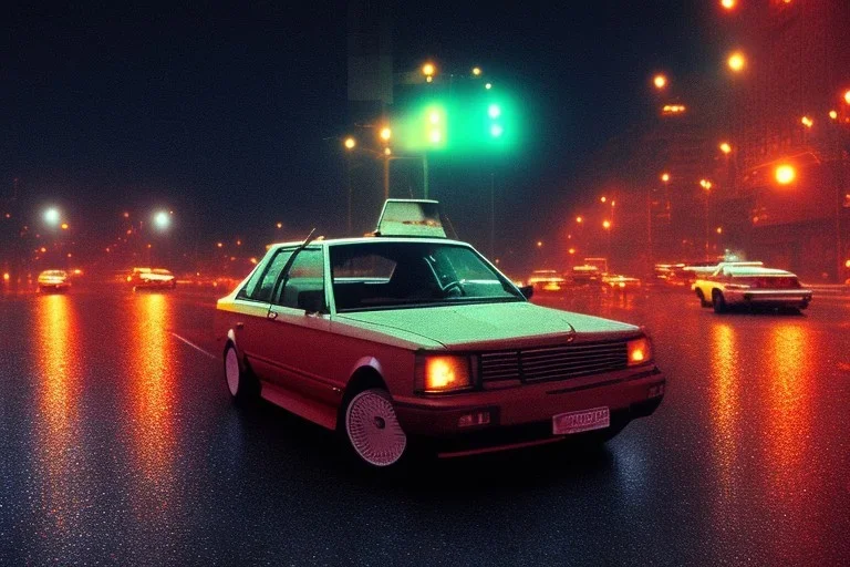 A 1990s car standing in front of a red traffic light, empty street, Cairo, 1990s, night time, rain, winter, movie scene Nick Harris style