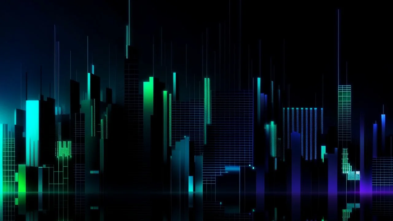 Digital and poly illustration of a minimalist and digital city with a dark background, colors are black, light blue and light green, and purple.