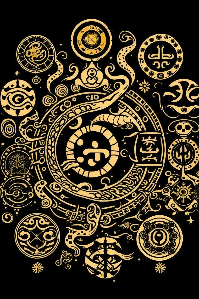 the Latin cross, aum letter, crescent and star, yin and yang, torii gate, khanda, star of david, dharma chakra all merged into one