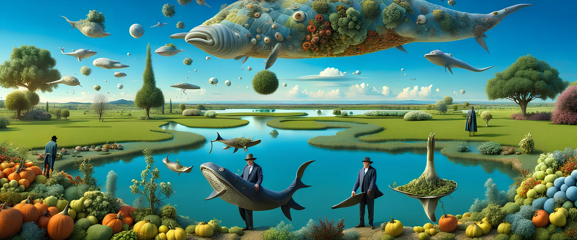 Salvador Dali and Hieronymus Bosch meeting each other at a beautiful outdoor surrealist country market by a small lake, a small flock of dream-like sky-whales swim high in the far distance, surreal outdoor summer scene with a patchwork quilt of fields and hedgerow with strange vegetable creatures, intricate fractal sky, ultra high detail, photoreal, epic cinematic, 8K, Large depth of field