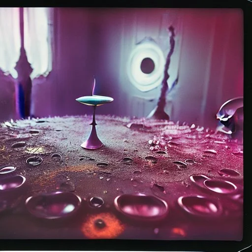 Close up polaroid photography of spooky room, eerie, table, Max Ernst, colored powder, Yves Tanguy, hypnotic, giant flowers, volumetric light, colors, details of the table very accentuated, filthy pieces of dismebered body, strong contrasts and dynamism