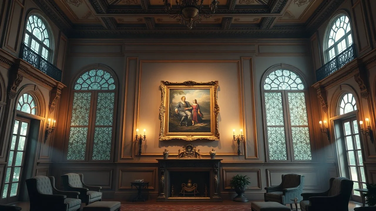 Luxurious Victorian mansion indoors, in the main wall there it a rectangular frame for a painting, cinematic lighting, octane rendering, 8k, ultra high definition, unreal engine, hyperrealism.