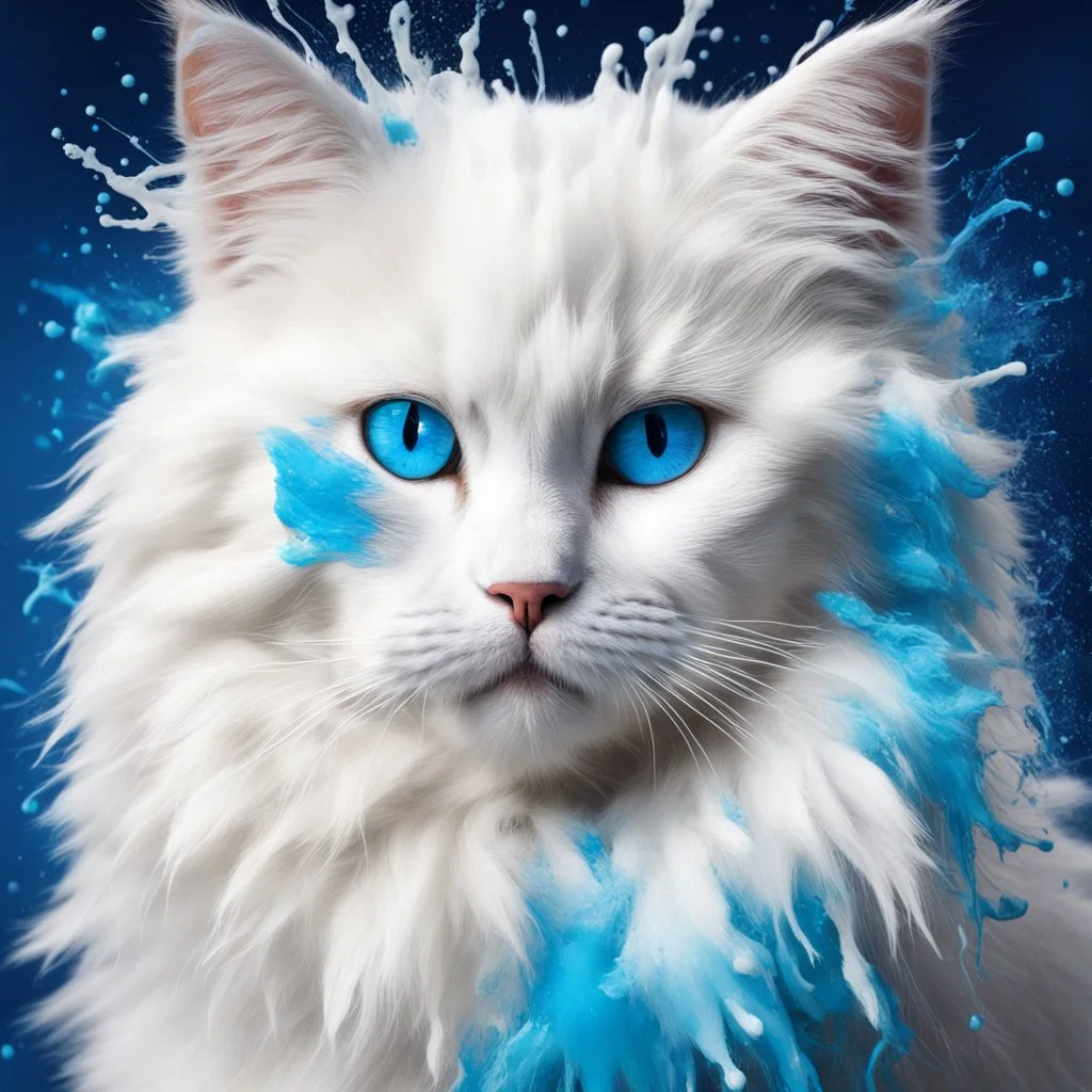 make a image with a splash cat, white long fur, splash paint in different colors two very blue eyes, splash fur splash all over the background