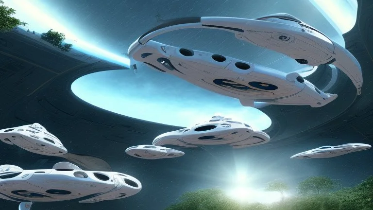 star trek spaceport in the jungle in a cliff, blue sky with white clouds, spaceships landing and leaving