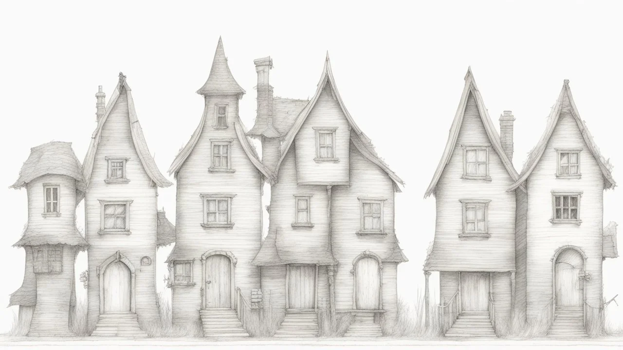 A technical front view pencil drawing of a row of dilapidated fantasy houses of different heights.