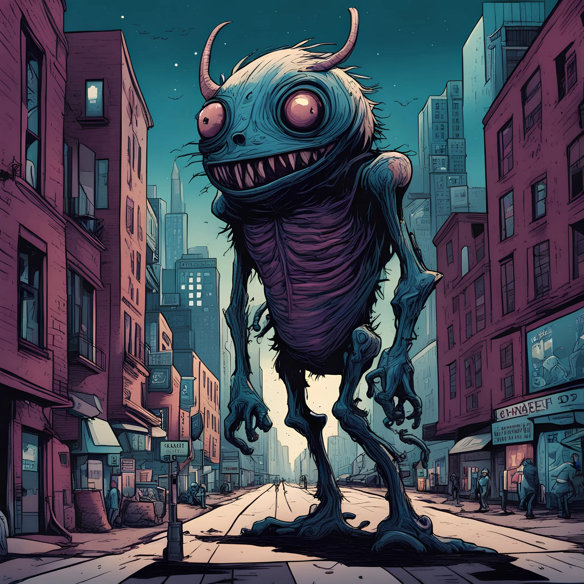 strange creature in the city in Tim Doyle style