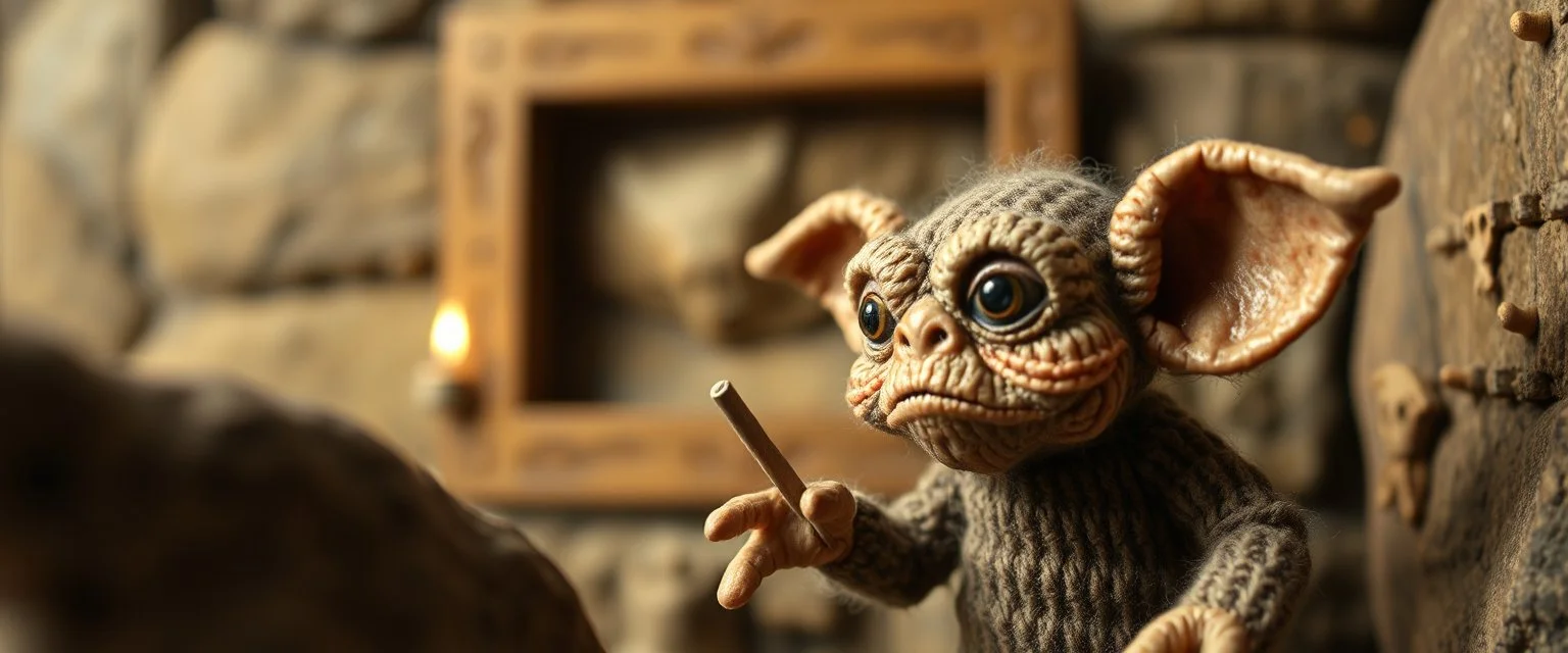 pin hole picture, miniatures on fake scene,master oil painting by Rembrandt, good afternoon disney bitch scary stone age gremlin, close up on a stupid knitted doll trying to explain something weird, in the style of HR Giger