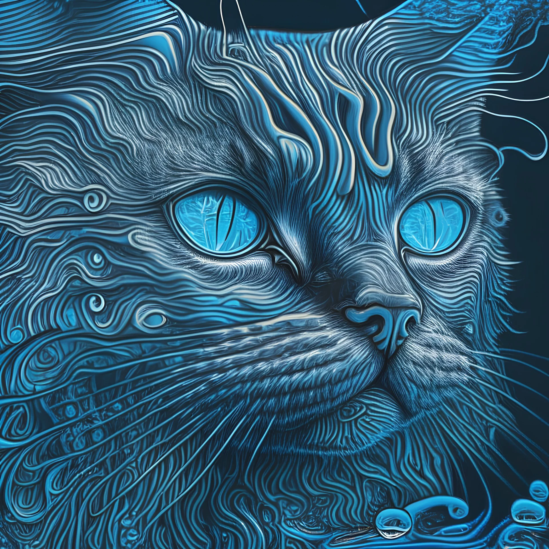 detailed portrait of an aquatic cat, psychedelic, blue and black background