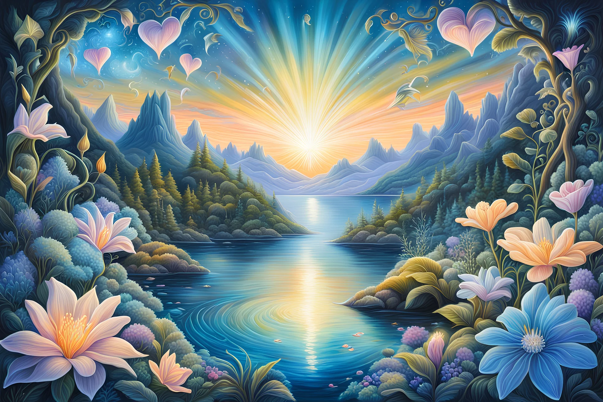 An image that expresses the essence of the heart.Ultra detailed illustration of a magical world of wonders, glowy, bioluminescent flora, incredibly detailed, pastel colors, handpainted strokes, visible strokes, oil paint, art by Mschiffer, night.Ultra detailed shot of aBeautiful scene in the style of Jody Bergsma, vibrant colours, with a wide flowing river flowing from right to left, fields on both sides of the river, autumn trees in all the range of autumn colours, some deer, correct anatomy, b