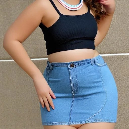 curvy preteen in denim mini skirt and crop top mirror selfie