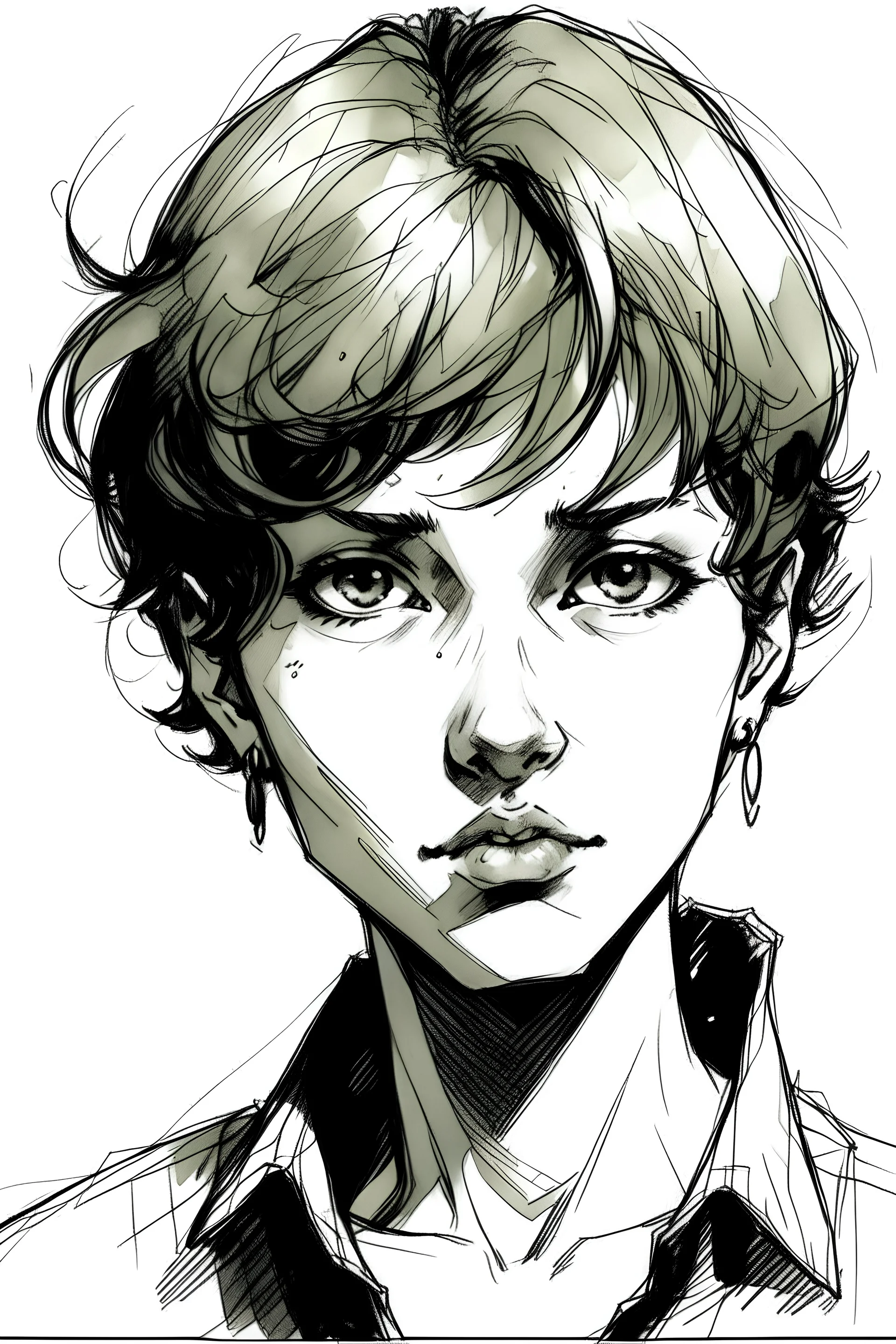 Portrait of a young female with short curly hair, having a neutral expression, drawn in Yoji Shinkawa style, black and white with a gray background.