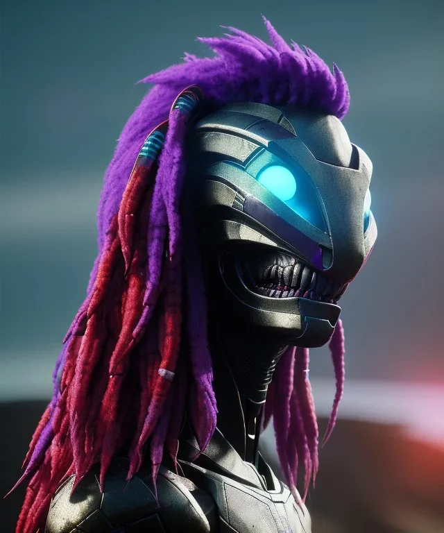 A predator cyborg alien,sci-fi style,purple and fire colours,rasta long hair,8k.