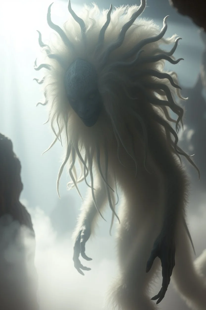 fog, volume light, sun beams, fluffy hair covered, søt som fy Medusa, en god og snill og flink og veldig søt og hårete som en hippie , humanoid skapning fra universet, de regjerer ofte i underjordiske byer . ser på seg selv som overlegne , abyss city, motion blur, painted by Giger