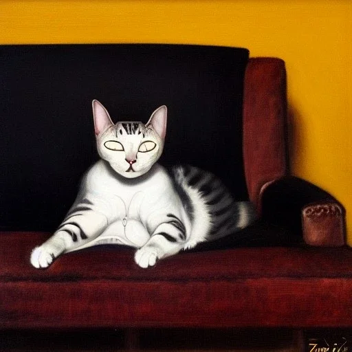 oil portrait of a Cat Sleeping in a Black sofa by Ignacio Zuloaga 8k