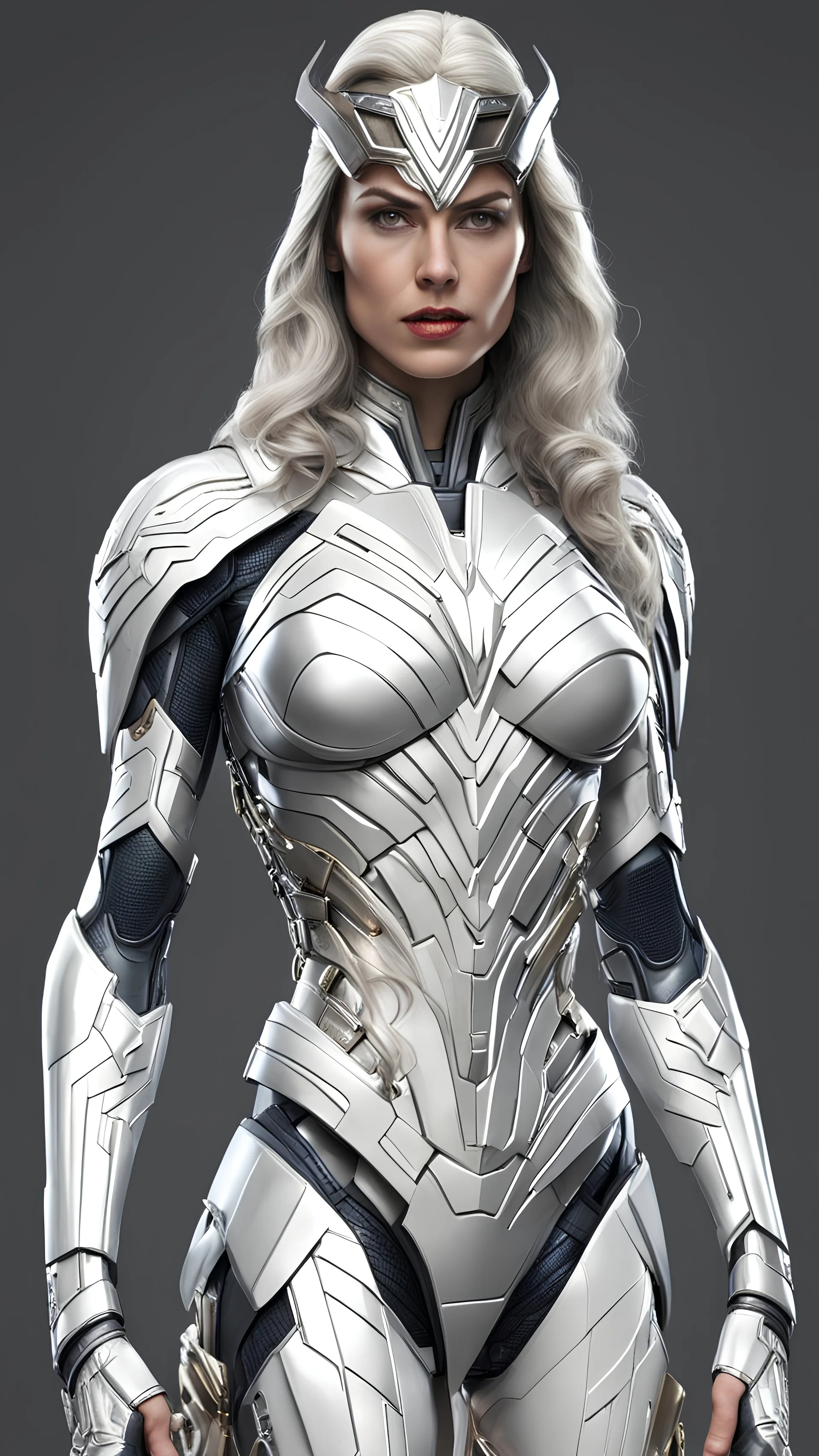 A realistic white wonder woman in a titanium cybernetic suit, detalhado, designe perfeito, alta qualidade arestas perfeitas e simetricas ::n_desenho de estilo, Low-quality imperfection, boneco, game, anime