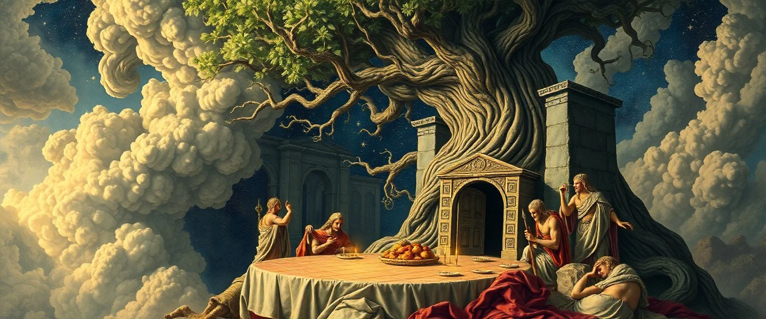 portrait of a myrriad and a star golem feast with greek gods, swirling illusion clouds, walls caving in, indian gods also, twisting grid blanket, tree with dimensional door