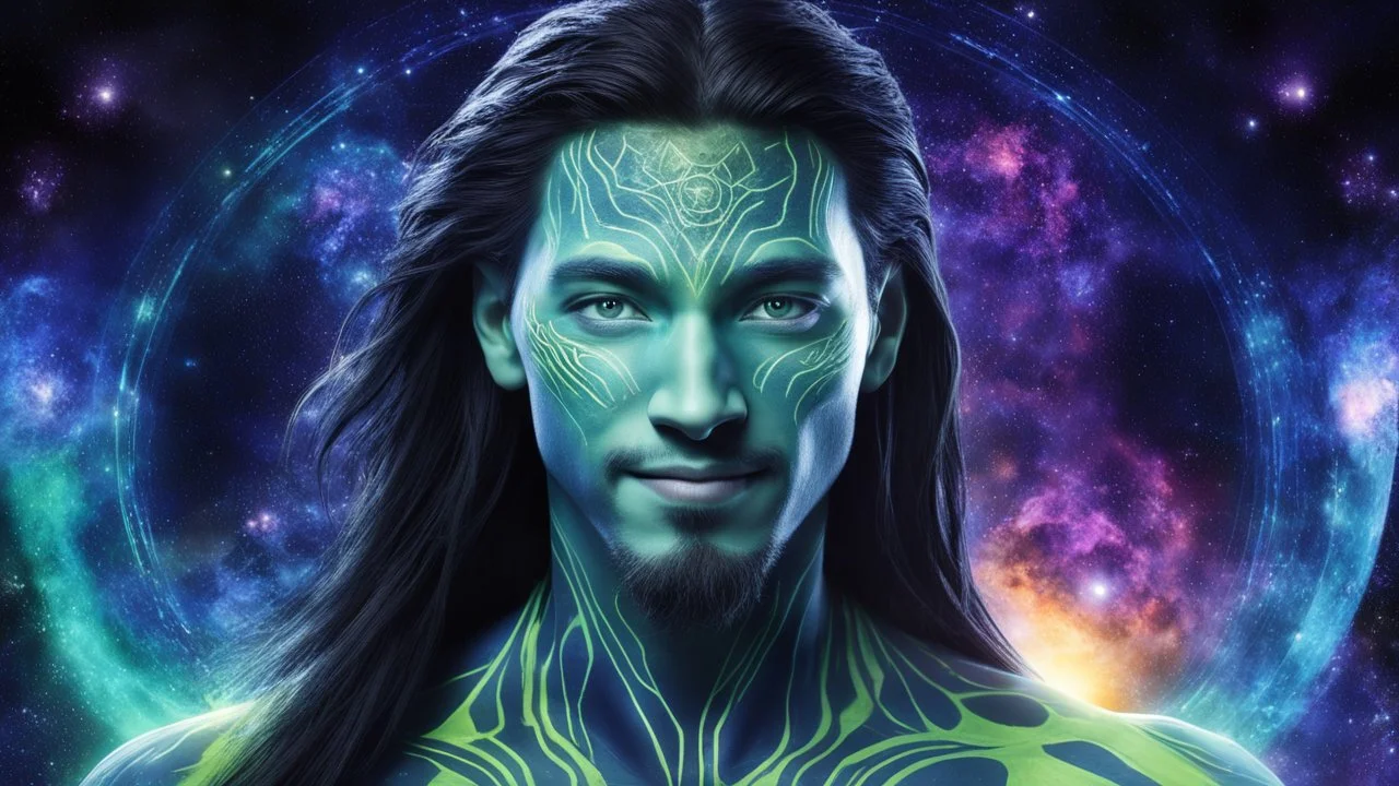 beautiful gorgeous young man na'vi with long hair, Avatar, blue skin, two small ears, green eyes, black hair, in cosmic suit, galactic ambiance, medium pointy goatee , smiling, nebulas and sacred geometry light figures on the backgroud,